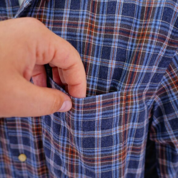 Peter Millar Medium Cotton Plaid Brown Blue Pocket Front Button Down - Picture 3 of 9